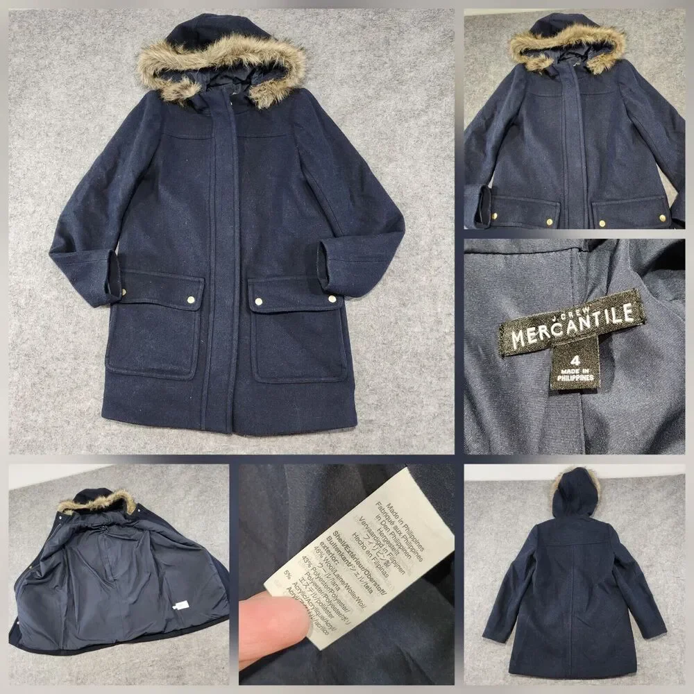 J Crew Womens 4 Vail Parka Wool‎ Blend Faux Fur Hooded Jacket Coat Navy Heavy